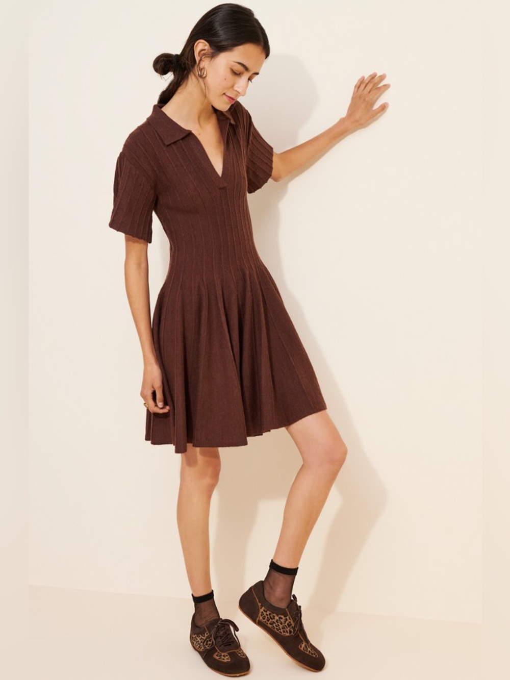 Anthropologie Ribbed Polo V-Neck Fit-and-Flare Dress in Brown